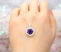 Created Amethyst Necklace - Round Princess Diana Solitaire Amethyst Jewelry - February Birthstone - Large Synthetic Amethyst Pendant 070