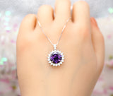 Created Amethyst Necklace - Round Princess Diana Solitaire Amethyst Jewelry - February Birthstone - Large Synthetic Amethyst Pendant 070