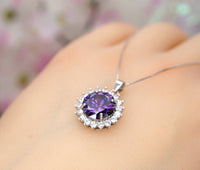 Created Amethyst Necklace - Round Princess Diana Solitaire Amethyst Jewelry - February Birthstone - Large Synthetic Amethyst Pendant 070
