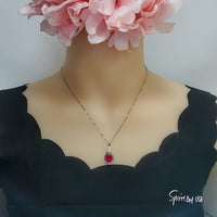 Red Ruby Necklace Oval 2.8 CT Red Ruby Pendant Tiny Gemstone Flower Sterling Silver July Birthstone 18k White Gold Plated #947