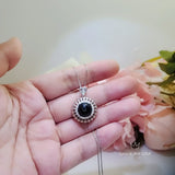 Black Onyx Necklace Sterling Silver Sunflower Style Diamond Surrounded Natural Black Onyx Jewelry #1003