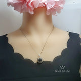 Black Onyx Necklace Sterling Silver Sunflower Style Diamond Surrounded Natural Black Onyx Jewelry #1003