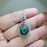 Natural Round Malachite Necklace, Sterling Silver Full Moon Circle Genuine, Green Malachite Pendant, White Gold Plated Jewelry #288