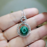 Natural Round Malachite Necklace, Sterling Silver Full Moon Circle Genuine, Green Malachite Pendant, White Gold Plated Jewelry #288