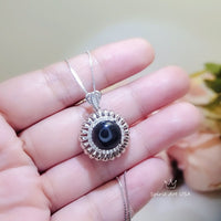 Black Onyx Necklace Sterling Silver Sunflower Style Diamond Surrounded Natural Black Onyx Jewelry #1003