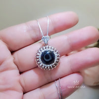 Black Onyx Necklace Sterling Silver Sunflower Style Diamond Surrounded Natural Black Onyx Jewelry #1003