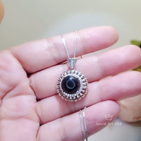 Black Onyx Necklace Sterling Silver Sunflower Style Diamond Surrounded Natural Black Onyx Jewelry #1003