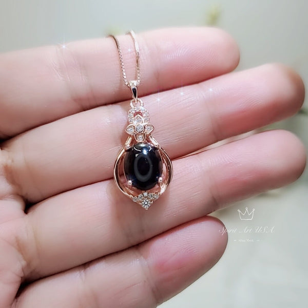 Natural Black Onyx Necklace Rose Gold coated 925 Sterling Silver High Frequency Energy Protective Chakra Heaaling Life Flower Decorate