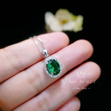 Classic Halo Emerald Necklace Sterling Silver Oval 2 CT Green Emerald Pendant Gemstone Solitaire May Birthstone Jewelry #117