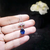 Blue Sapphire Necklace Gemstone Ginkgo biloba Leaf Pendant Large 4 CT Teardrop Lab Created Blue Sapphire Pendant 18KGP Sterling Silver #818