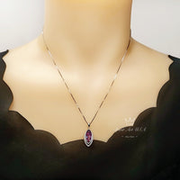 Marquise Amethyst Necklace Sterling Silver - White Gold Coated Double Diamond Halo - Large 3 CT Created Amethyst Pendant Diamond Leaf