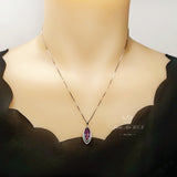 Marquise Amethyst Necklace Sterling Silver - White Gold Coated Double Diamond Halo - Large 3 CT Created Amethyst Pendant Diamond Leaf