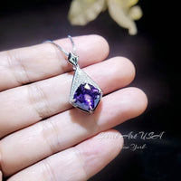 Rhombic Style Amethyst Necklace - 18KGP Full Sterling Silver - Diamond Cushion - Large Created Amethyst Pendant - February Birthstone