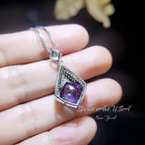 Rhombic Style Amethyst Necklace - 18KGP Full Sterling Silver - Diamond Cushion - Large Created Amethyst Pendant - February Birthstone