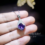 Rhombic Style Amethyst Necklace - 18KGP Full Sterling Silver - Diamond Cushion - Large Created Amethyst Pendant - February Birthstone
