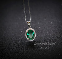 Classic Halo Emerald Necklace Sterling Silver Oval 2 CT Green Emerald Pendant Gemstone Solitaire May Birthstone Jewelry #117