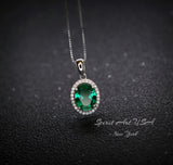 Classic Halo Emerald Necklace Sterling Silver Oval 2 CT Green Emerald Pendant Gemstone Solitaire May Birthstone Jewelry #117