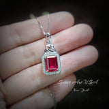 Ruby Necklace - Rectangle Ruby Pendant - 18KGP @ Sterling Silver - July Birthstone #299