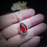 Large Teardrop Garnet Necklace - 5.5 CT Spessartite Garnet Pendant - 18kgp@ sterling Silver - Teardrop Halo Red Orange Garnet #772