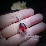 Large Teardrop Garnet Necklace - 5.5 CT Spessartite Garnet Pendant - 18kgp@ sterling Silver - Teardrop Halo Red Orange Garnet #772
