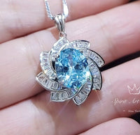 Blue Aquamarine Spiral Necklace White Gold coat Sterling Silver Gemstone Milky Way Spiral Galaxy Energy Vortexes Windmill Pendant 3 CT #817