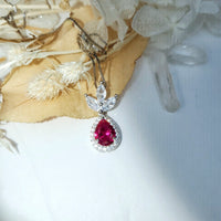 Ruby Necklace - Three Petal Style - Teardrop Red Ruby Pendant - White gold @ Sterling Silver - July Birthstone - Adjustable Chain #419