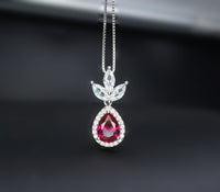 Ruby Necklace - Three Petal Style - Teardrop Red Ruby Pendant - White gold @ Sterling Silver - July Birthstone - Adjustable Chain #419