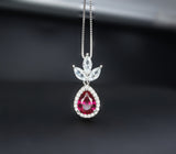 Ruby Necklace - Three Petal Style - Teardrop Red Ruby Pendant - White gold @ Sterling Silver - July Birthstone - Adjustable Chain #419