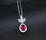 Ruby Necklace - Three Petal Style - Teardrop Red Ruby Pendant - White gold @ Sterling Silver - July Birthstone - Adjustable Chain #419