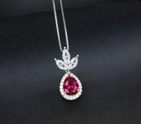 Ruby Necklace - Three Petal Style - Teardrop Red Ruby Pendant - White gold @ Sterling Silver - July Birthstone - Adjustable Chain #419