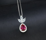 Ruby Necklace - Three Petal Style - Teardrop Red Ruby Pendant - White gold @ Sterling Silver - July Birthstone - Adjustable Chain #419