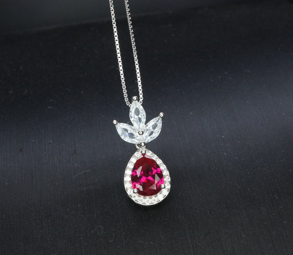 Ruby Necklace - Three Petal Style - Teardrop Red Ruby Pendant - White gold @ Sterling Silver - July Birthstone - Adjustable Chain #419