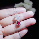 Ruby Necklace - Three Petal Style - Teardrop Red Ruby Pendant - White gold @ Sterling Silver - July Birthstone - Adjustable Chain #419