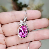 Large Pink Tourmaline Necklace - Leaf Oval 6 CT Fuchsia Red Tourmaline Pendant - 18kGP @ Sterling Silver 1093