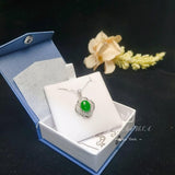 Flower Of life Jade Necklace - White gold plated Sterling silver Oval Green Jade Pendant #942