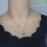 Round Paraiba Necklace - 2 CT Created Blue Tourmaline Paraiba Teardrop Sterling Silver Pendant 092