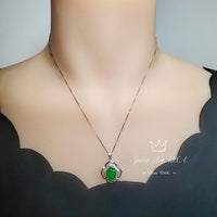 Flower Of life Jade Necklace - White gold plated Sterling silver Oval Green Jade Pendant #942