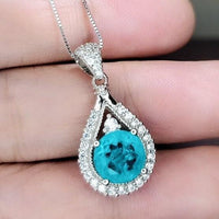 Round Paraiba Necklace - 2 CT Created Blue Tourmaline Paraiba Teardrop Sterling Silver Pendant 092
