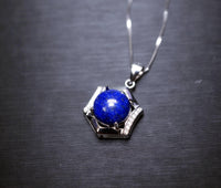 Sterling Silver Lapis Lazuli Necklace, Blue Stone Hexagon Six Sides Geometric Halo Natural Cobalt Lapis Lazuli Box Chakra Healing 1030