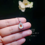 Sterling Silver Genuine Citrine Necklace, Halo Solitaire Citine Pendant, High Quality Fine Citrine Jewelry, diamond Stone 1066