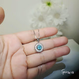 Tiny Aquamarine Necklace - Sterling Silver Sunflower Aquamarine Pendant - Halo Blue Gemstone March Birthstone Aquamarine Jewelry 1104