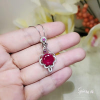 Large Ruby Necklace - Sterling Silver Round Ruby Flower Necklace - July Birthstone Bridal Ruby Jewelry 1034