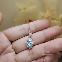 Tiny Aquamarine Necklace - Rose Gold 925 Sterling Silver Gemstone Halo Blue Aquamarine Pendant March Birthstone 076