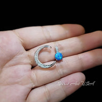 Crescent Blue Opal Moon Necklace Full 925 Sterling Silver Two Pendant wear Opal Pendant #225