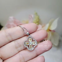 Yellow CZ Necklace - Four Leaf Clover Gold Topaz Pendant - 18KGP @ Sterling Silver - Yellow Citrine Flower Jewelry #1006