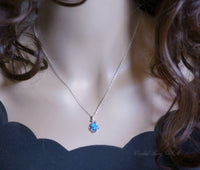 Tiny White Opal Necklace, sterling silver Petal Flower Blue Opal Pendant Oval Stone Jewelry 1018