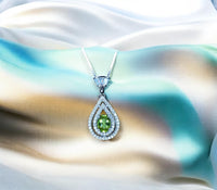 Genuine Peridot Necklace - Double Halo Sterling Silver Tiny Teardrop Natural Peridot Jewelry August Birthstone #369