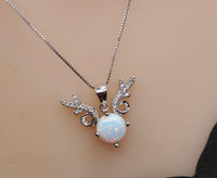 White Opal Necklace - Sterling Silver Diamond Deer Horn Antler Pendant 1099
