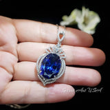 Large Sapphire Sterling Silver Necklace 14 ct Oval Royal Lab Created Blue Sapphire Gemstone Crown Pendant 18k White Gold Plated #919