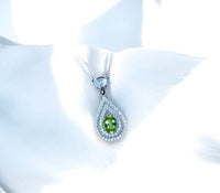 Genuine Peridot Necklace - Double Halo Sterling Silver Tiny Teardrop Natural Peridot Jewelry August Birthstone #369
